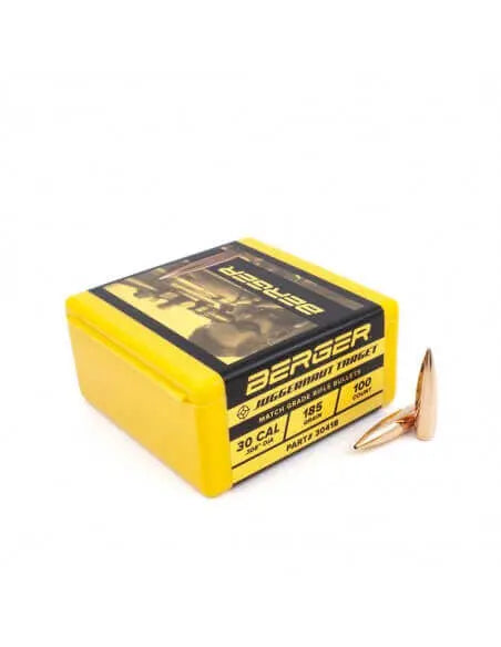 Laden Sie das Bild in Galerie -Viewer, Berger .30 Cal 168GR Hybrid Target Rifle bullets in yellow packaging, 100 count box.
