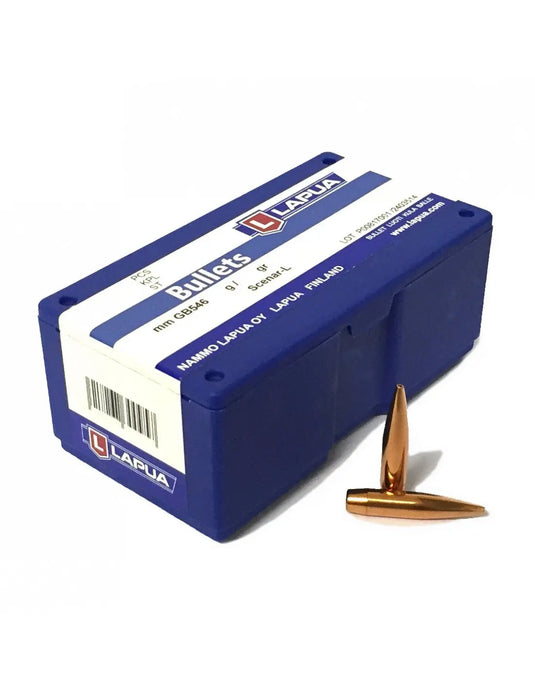 Lapua .30 Scenar HPBT OTM 185gr bullets packaging with copper-tipped projectile.
